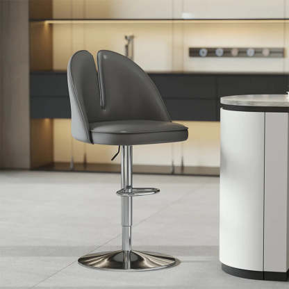 Glam Gray Swivel Leather Bar Stool with Back