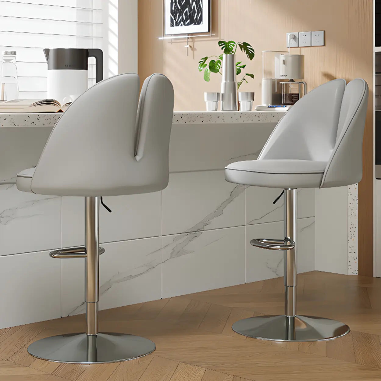 Glam Gray Swivel Leather Bar Stool with Back — Beige / Black