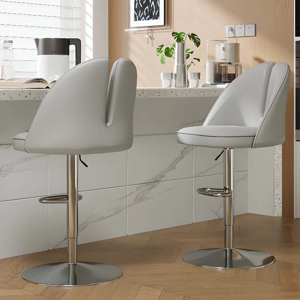 Glam Gray Swivel Leather Bar Stool with Back — Beige / Black
