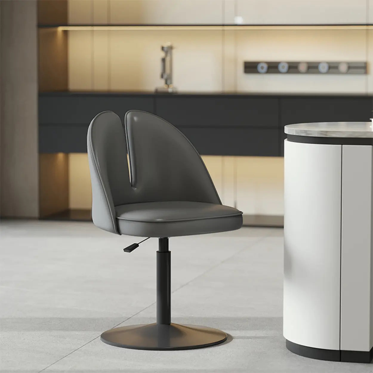 Glam Gray Swivel Leather Bar Stool with Back — Beige / Black
