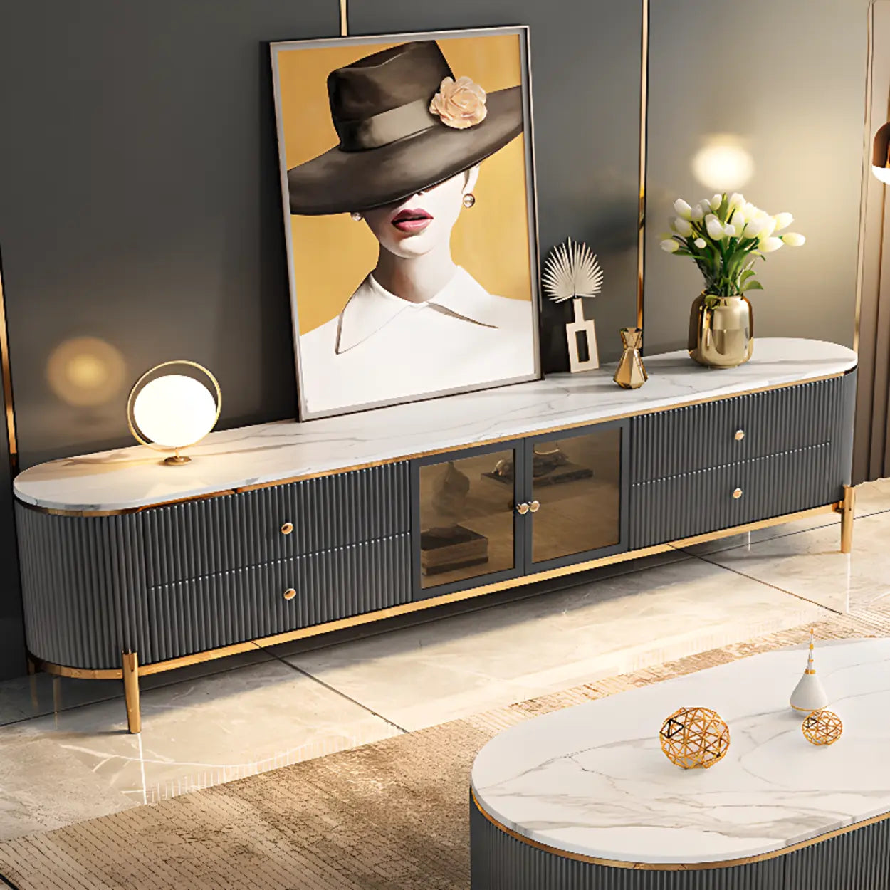 Glam Gray Stone Cabinet Drawer TV Stand