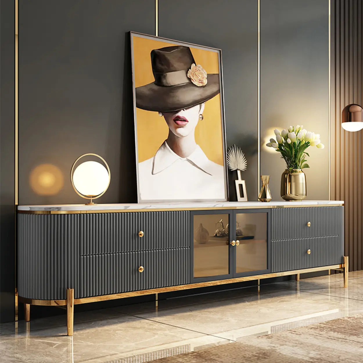 Glam Gray Stone Cabinet Drawer TV Stand — Grey