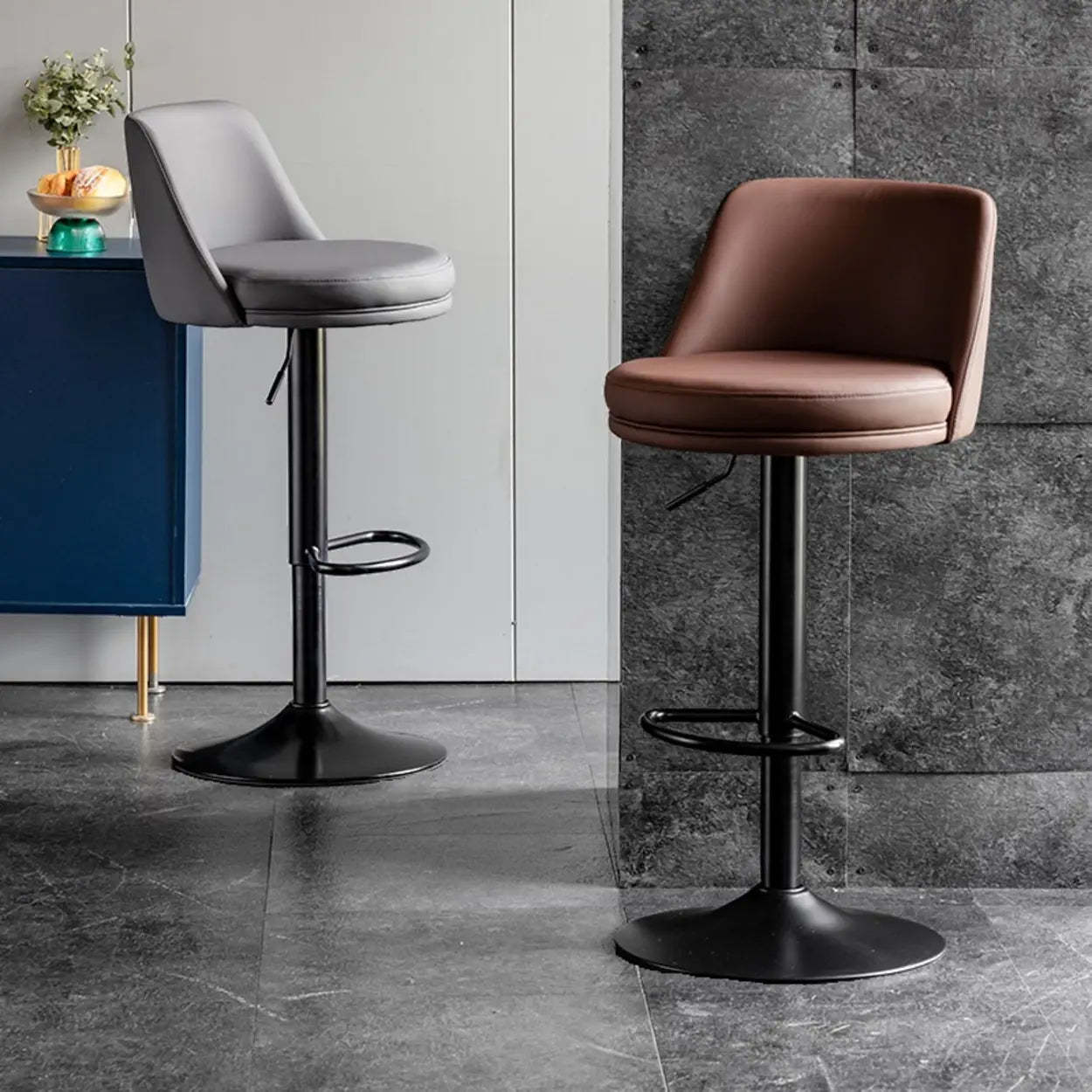 Glam Leather Adjustable Swivel Bar Stool — Black / Black