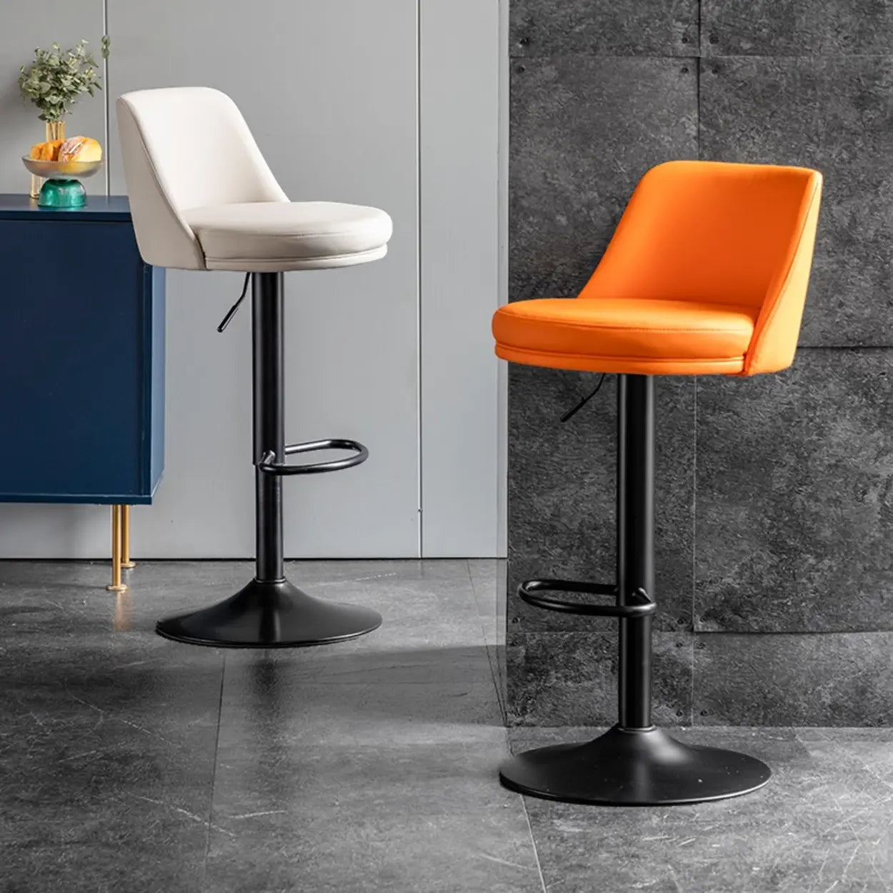 Glam Leather Adjustable Swivel Bar Stool — Off-White / Black