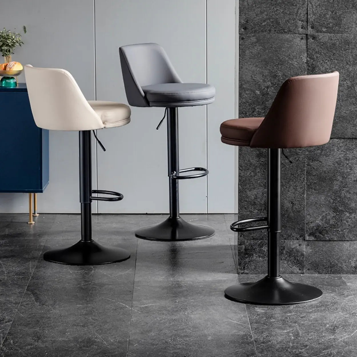Glam Leather Adjustable Swivel Bar Stool — Off-White / Silver