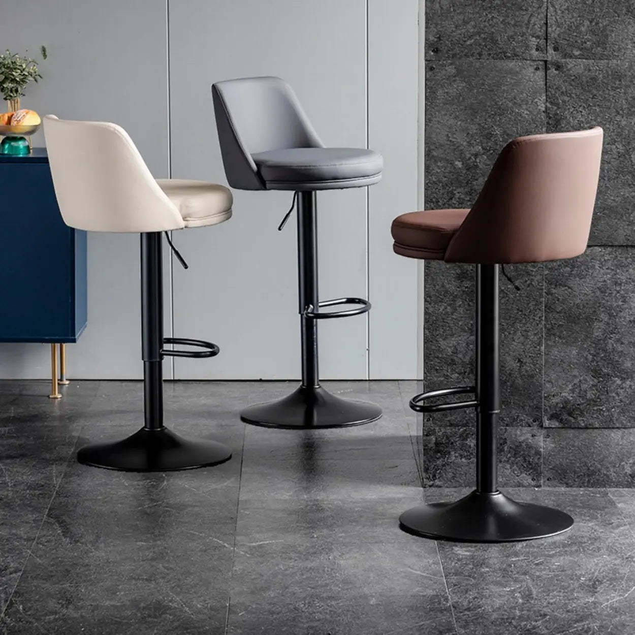 Glam Leather Adjustable Swivel Bar Stool — Off-White / Silver