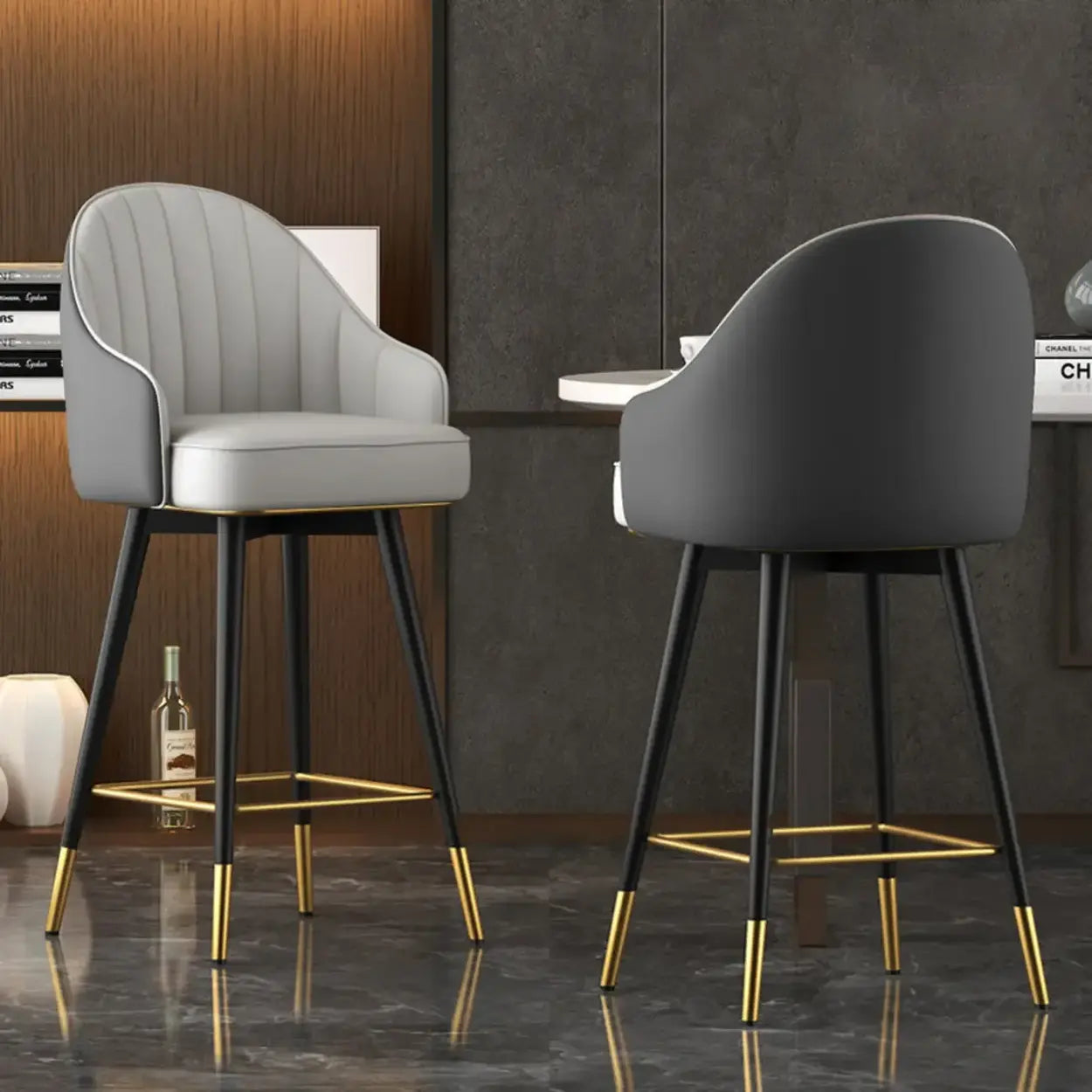 Glam Leather Bucket Arm Counter Bar Stool — Black