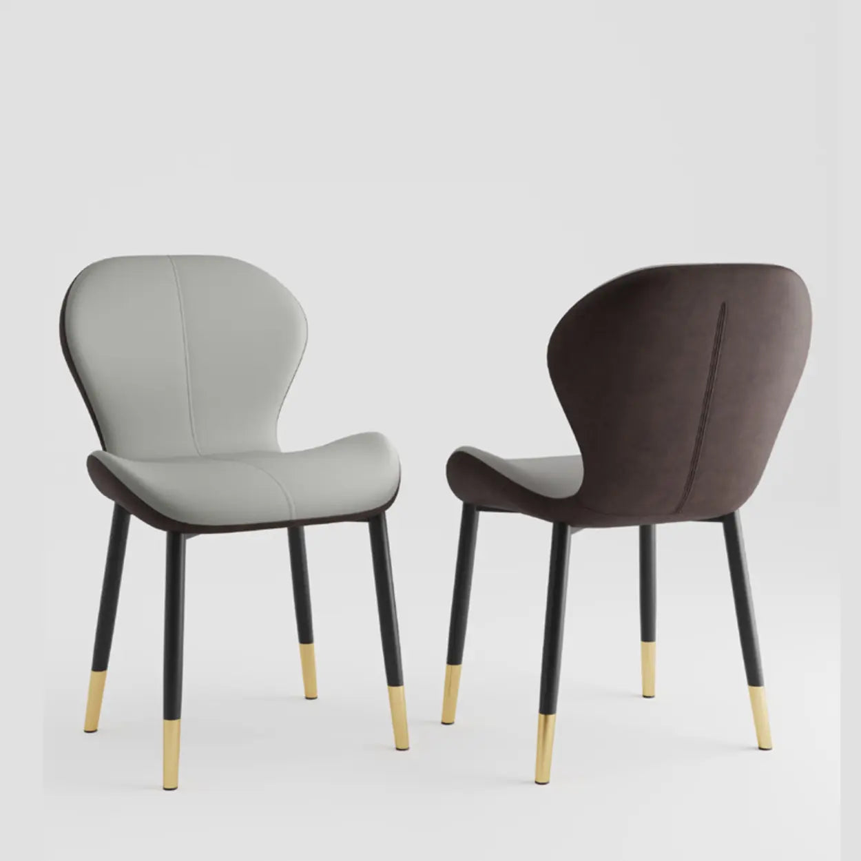 Glam Leather Ergonomic Wingback Dining Chair — Coffee / Black/ Gold