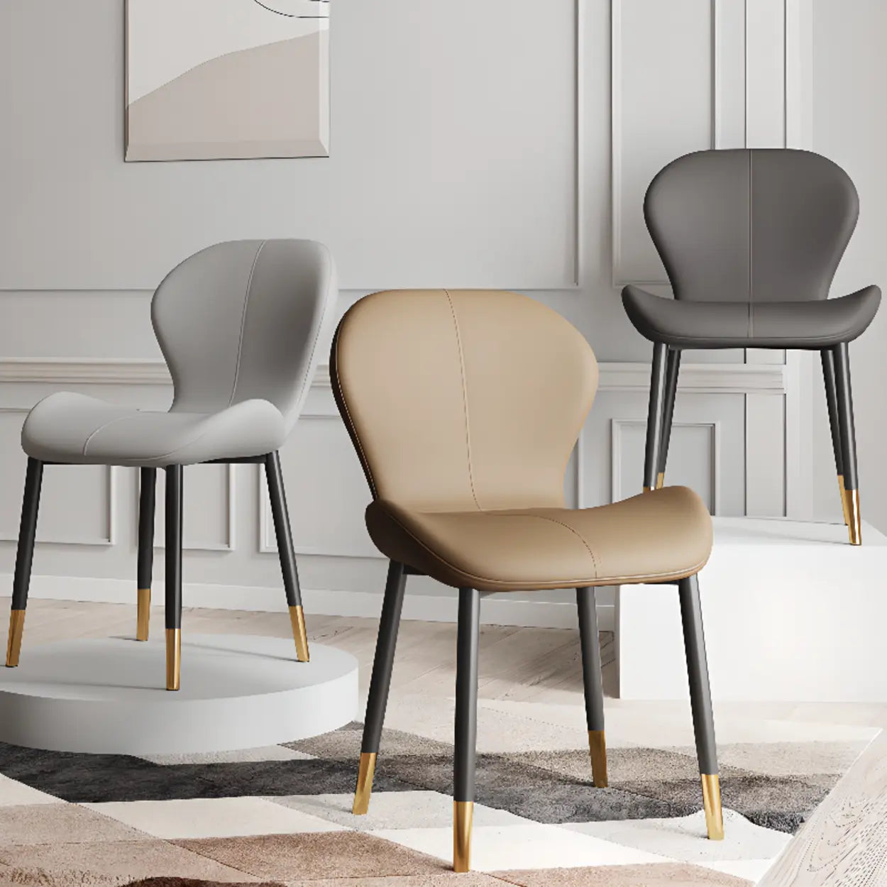 Glam Leather Ergonomic Wingback Dining Chair — White / Black/ Gold