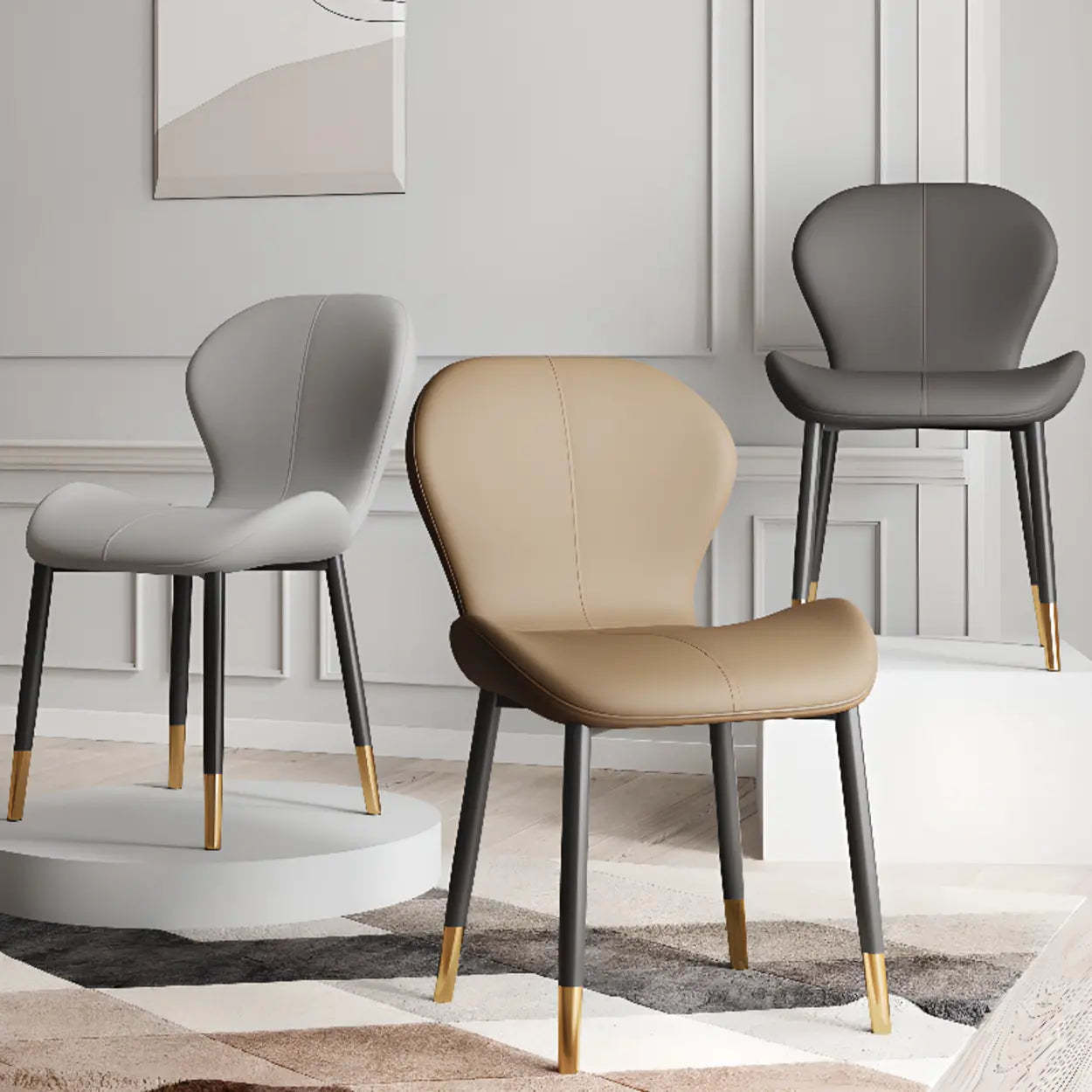 Glam Leather Ergonomic Wingback Dining Chair — White / Black/ Gold