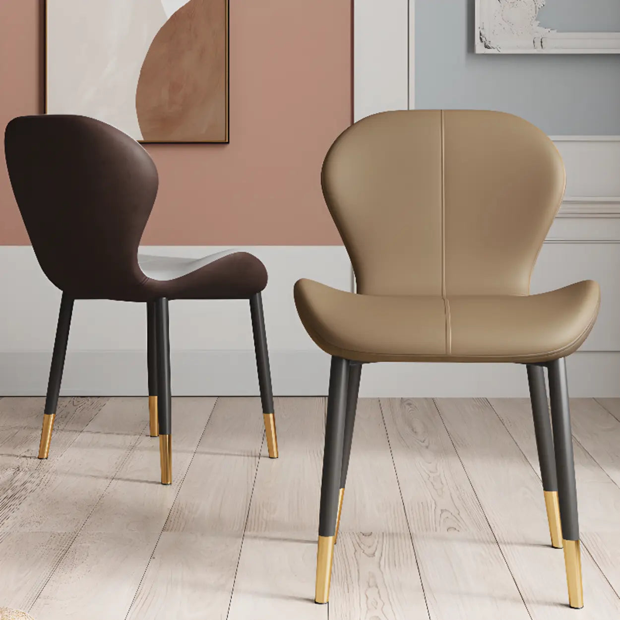Glam Leather Ergonomic Wingback Dining Chair — White / Gold