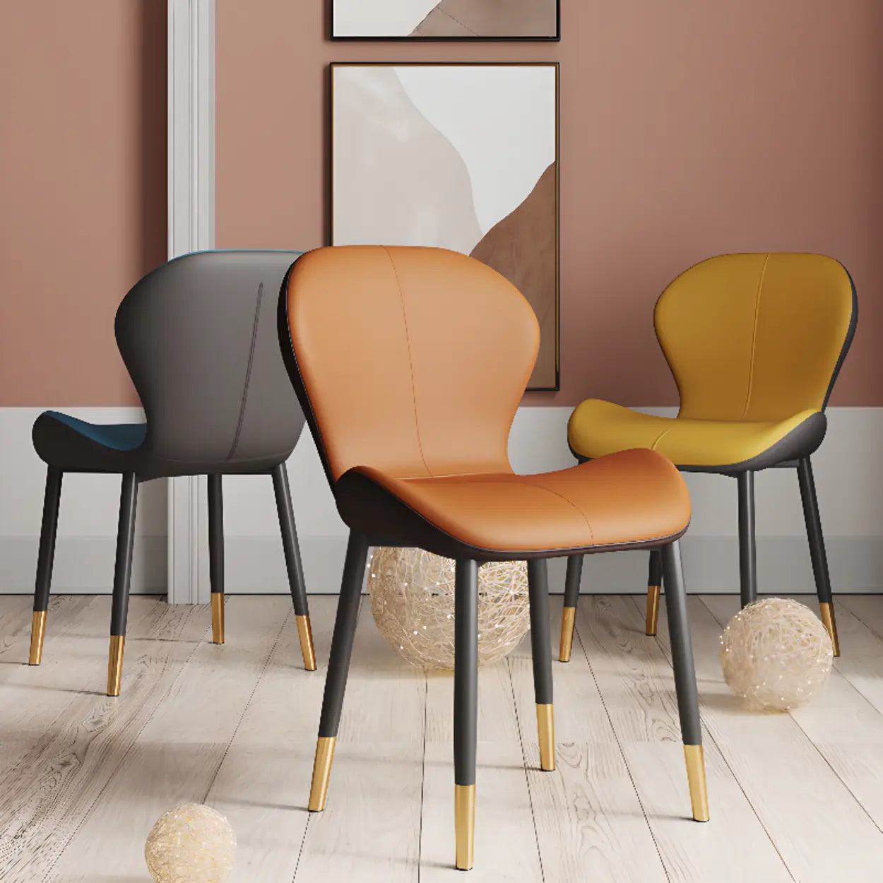 Glam Leather Ergonomic Wingback Dining Chair — Yellow / Black