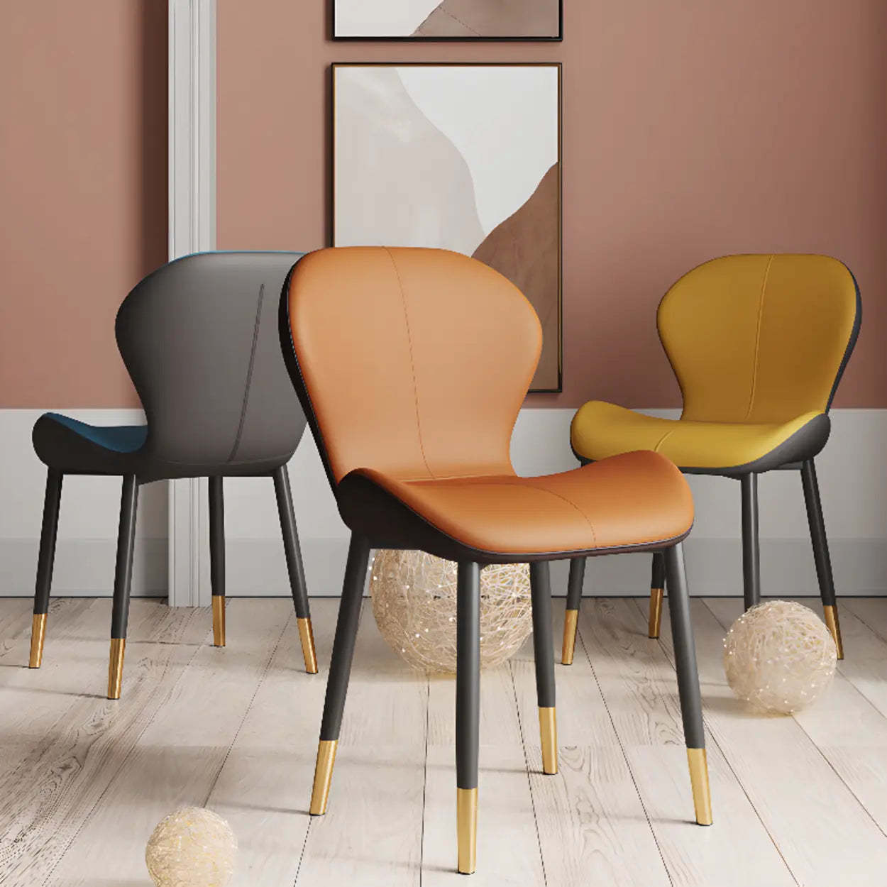 Glam Leather Ergonomic Wingback Dining Chair — Yellow / Black