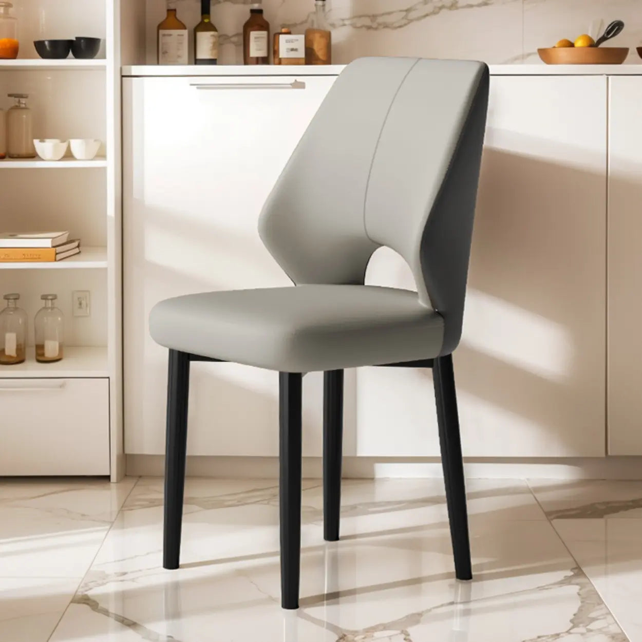 Glam Leather Open-Back Ergonomic Dining Chair — Khaki/ Dark Gray / Black/ Gold