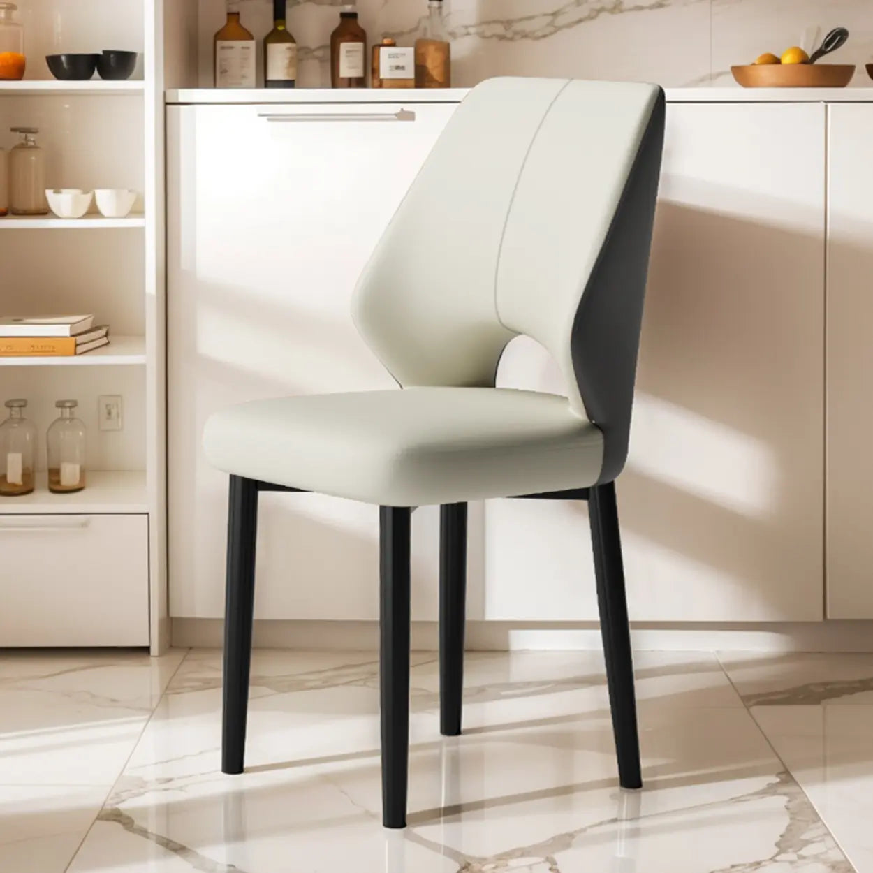 Glam Leather Open-Back Ergonomic Dining Chair — White/ Dark Gray / Black/ Gold