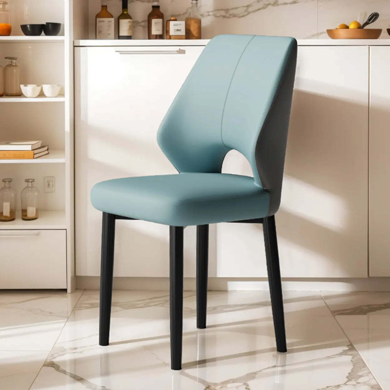 Glam Leather Open-Back Ergonomic Dining Chair — Blue/ Dark Gray / Black