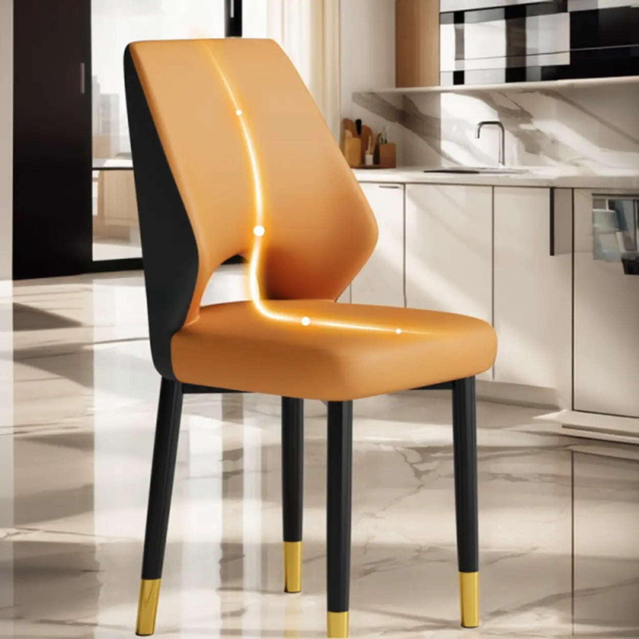 Glam Leather Open-Back Ergonomic Dining Chair — Blue/ Dark Gray / Black/ Gold