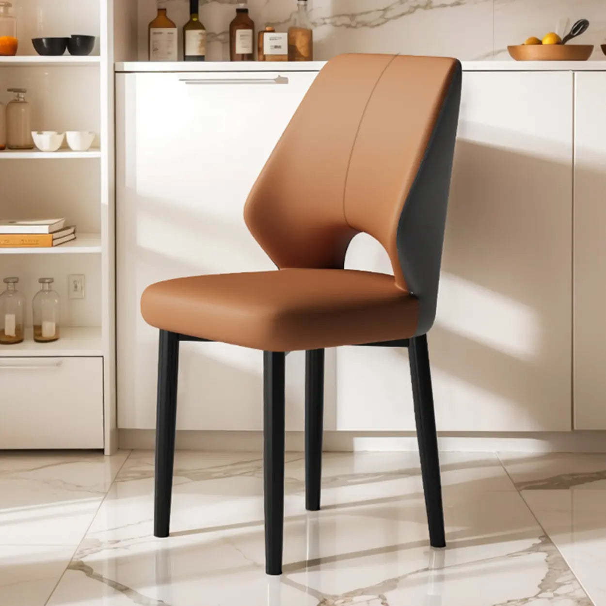 Glam Leather Open-Back Ergonomic Dining Chair — Dark Gray / Black