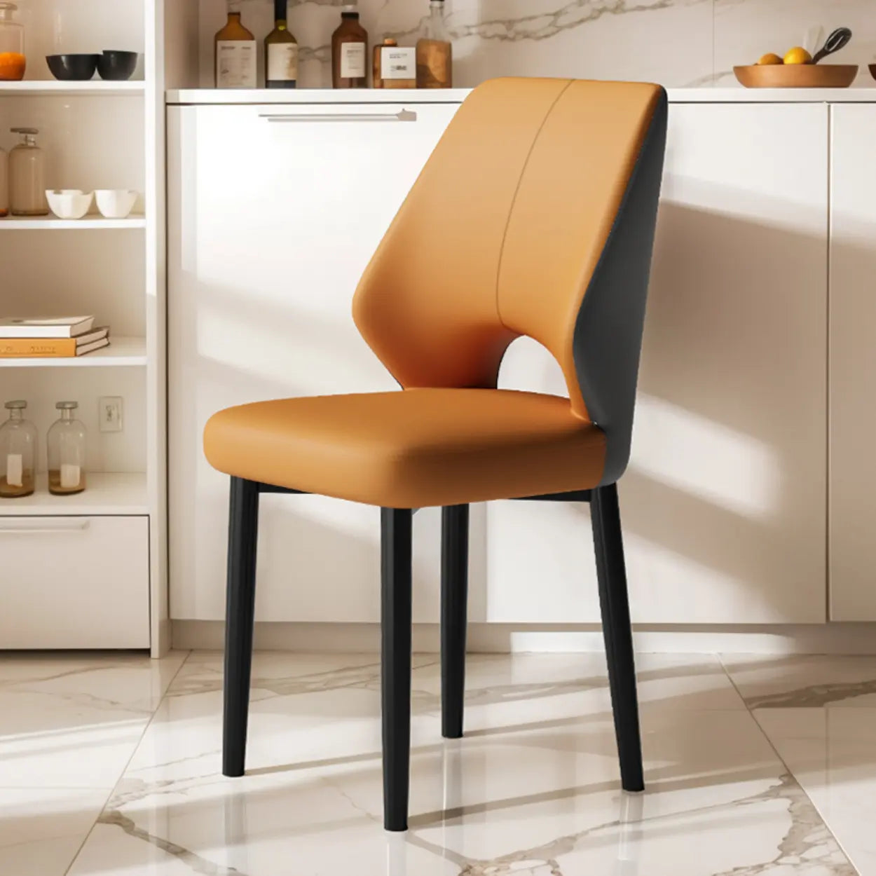 Glam Leather Open-Back Ergonomic Dining Chair — Dark Gray/ Light Gray / Black