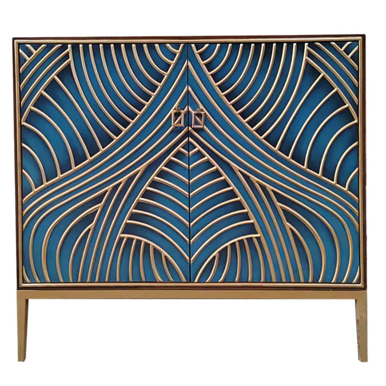 Glam Metal Leg Wood Cabinet Console Table — Peacock Blue