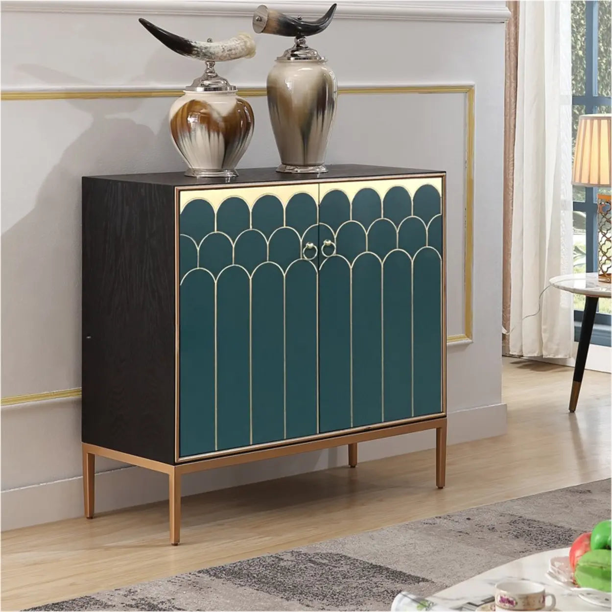 Glam Metal Leg Wood Cabinet Console Table — Wood