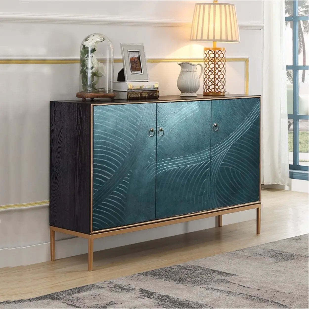 Glam Metal Leg Wood Cabinet Console Table — Wood