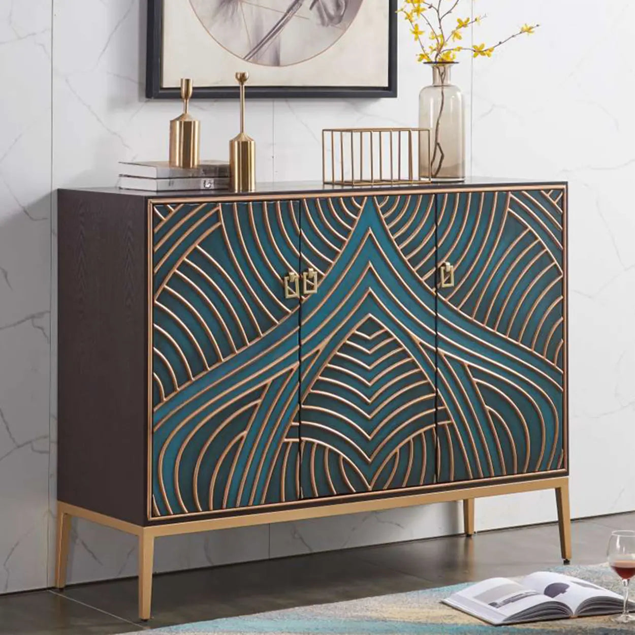 Glam Metal Leg Wood Cabinet Console Table