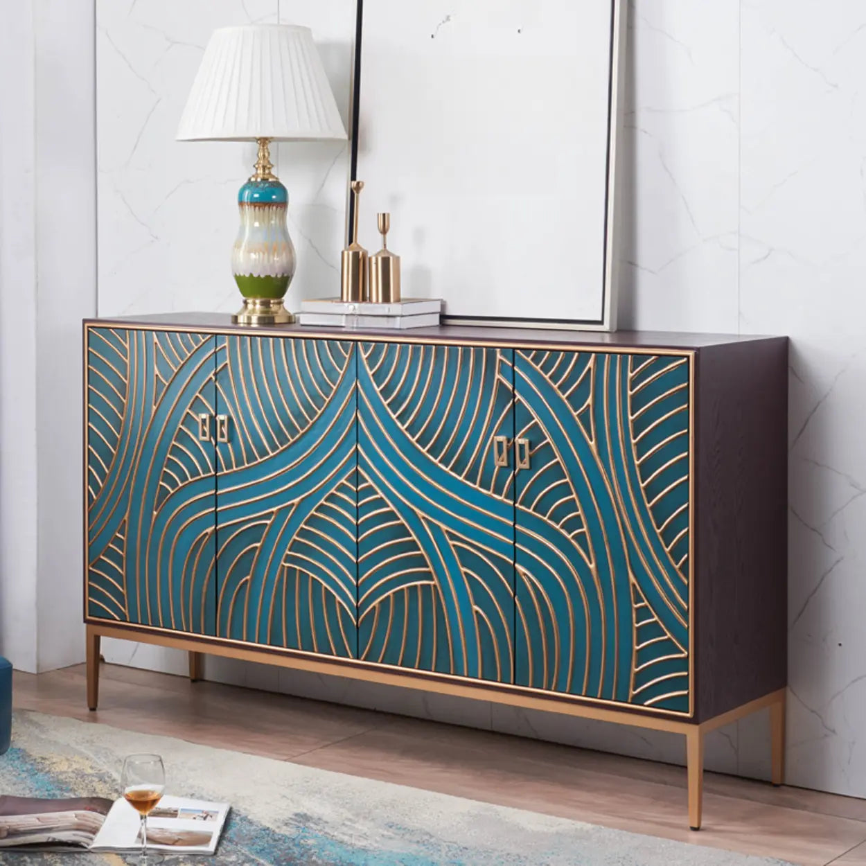 Glam Metal Leg Wood Cabinet Console Table