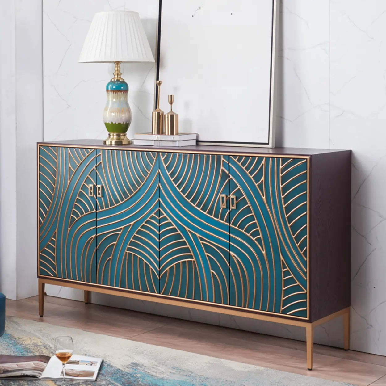 Glam Metal Leg Wood Cabinet Console Table