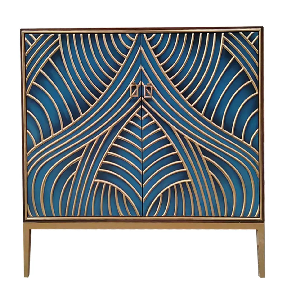Glam Metal Leg Wood Cabinet Console Table — Peacock Blue