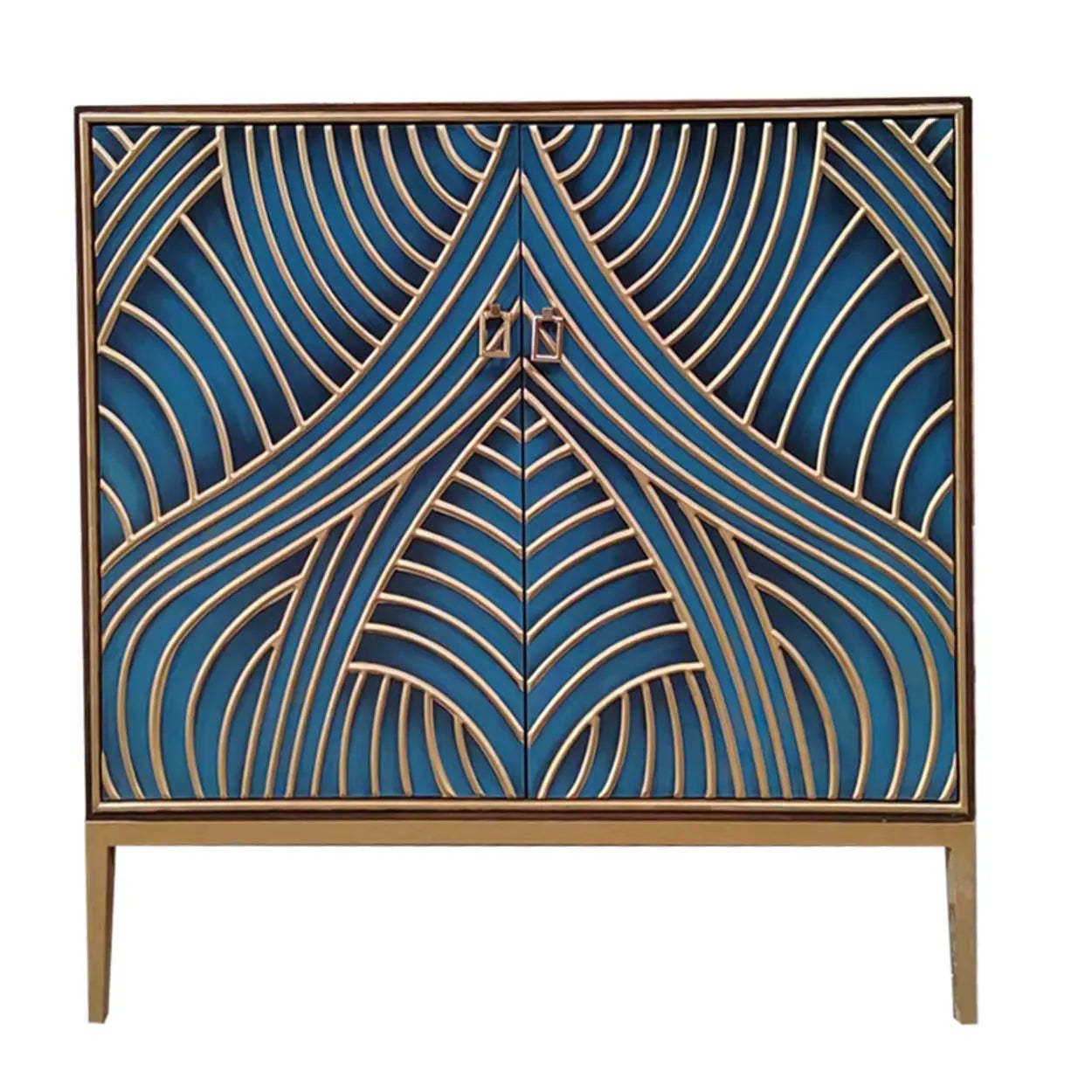 Glam Metal Leg Wood Cabinet Console Table — Peacock Blue