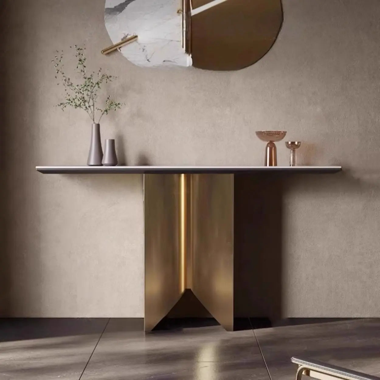 Glam Entryway Metal Pedestal Console Table — Black/Gold