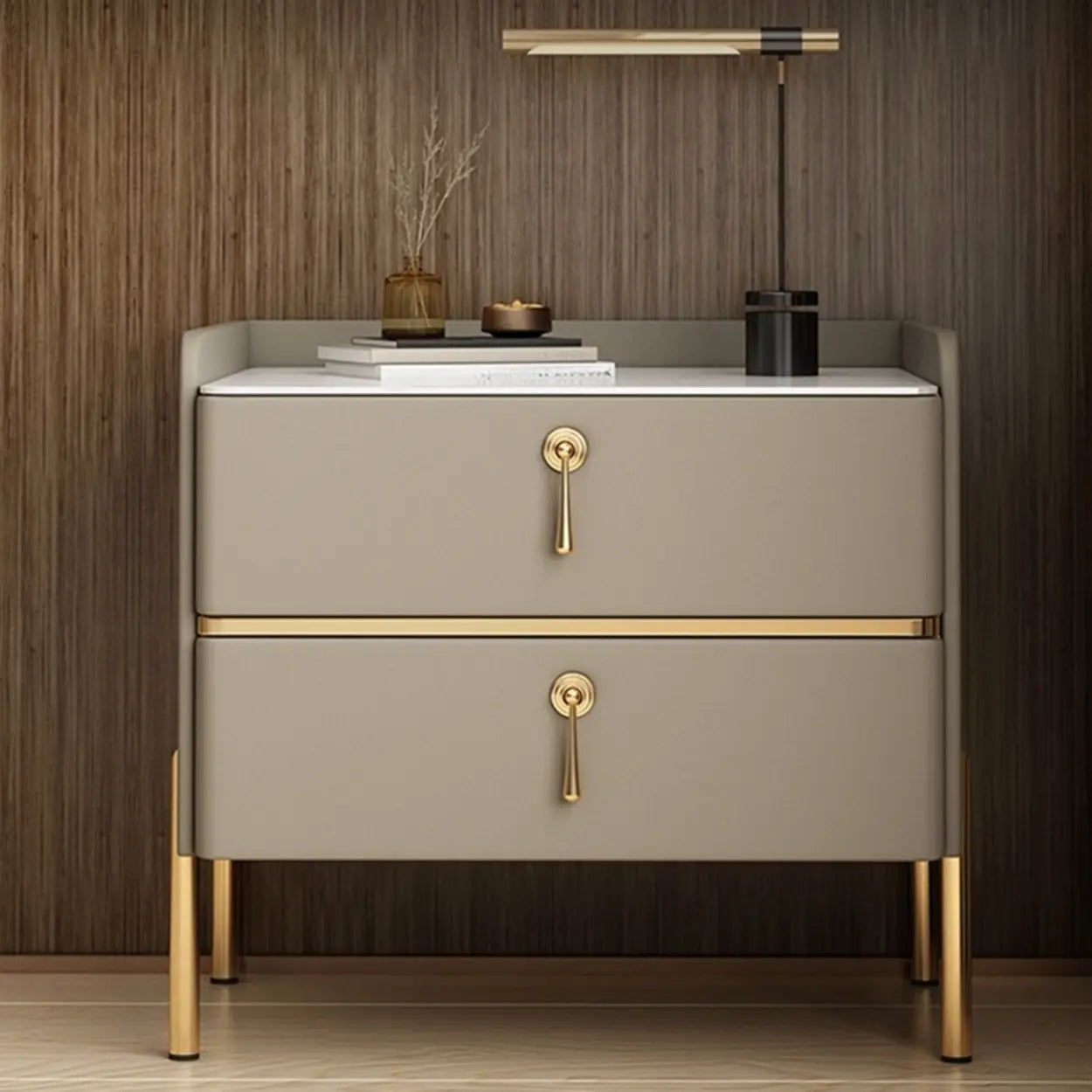 Glam Modern Khaki Nightstand with Gold Legs