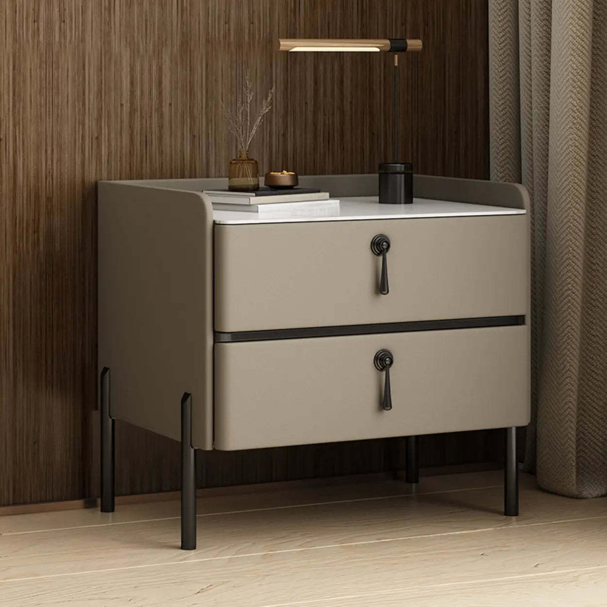 Glam Modern Khaki Nightstand with Gold Legs — Off-White / Gold