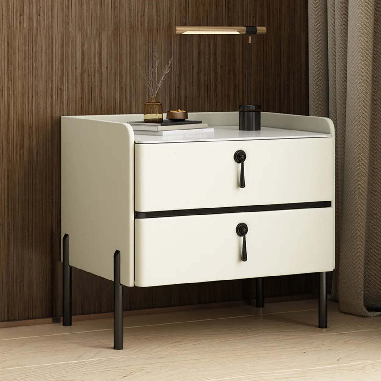 Glam Modern Khaki Nightstand with Gold Legs — Off-White / Black