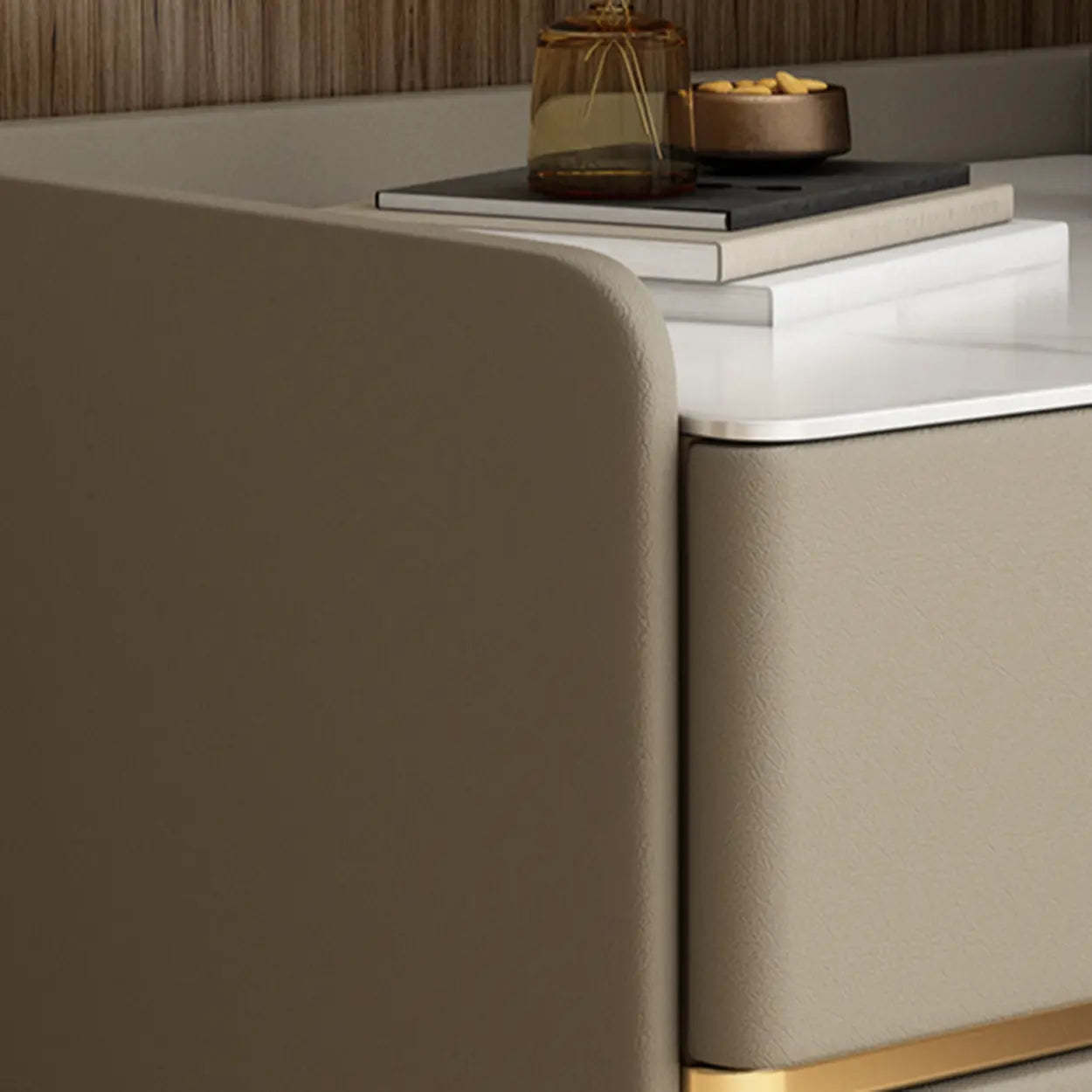 Glam Modern Khaki Nightstand with Gold Legs — Off-White / Gold