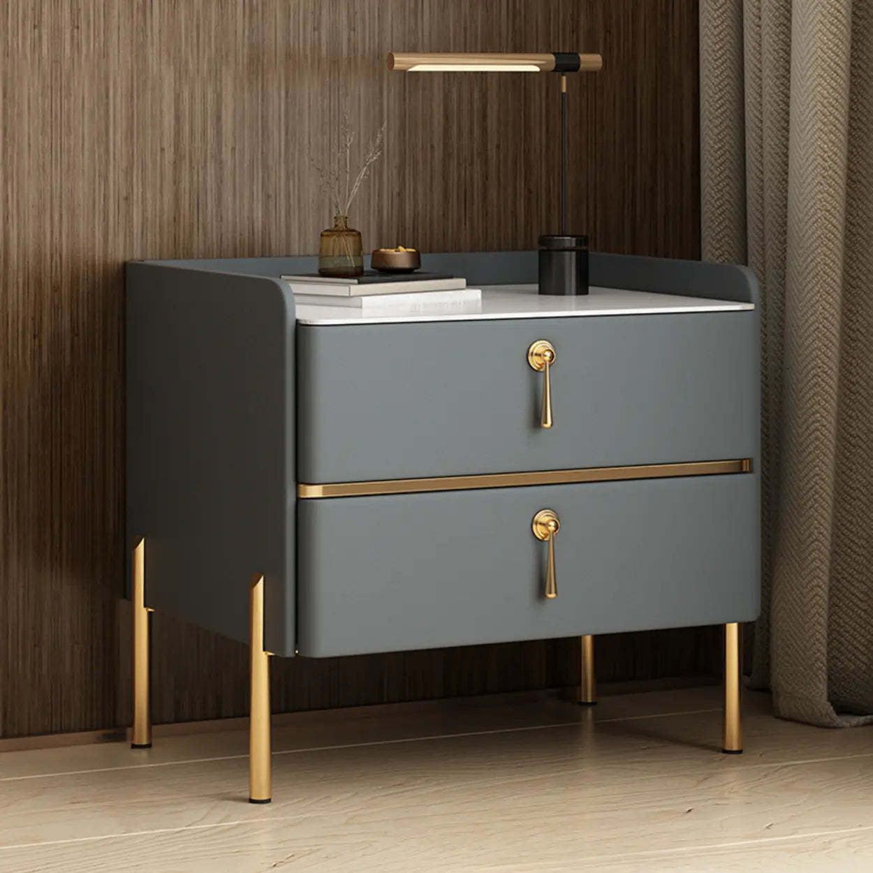 Glam Modern Khaki Nightstand with Gold Legs — Khaki / Black