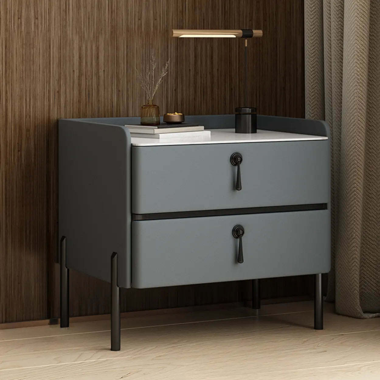 Glam Modern Khaki Nightstand with Gold Legs — Medium Grey / Black