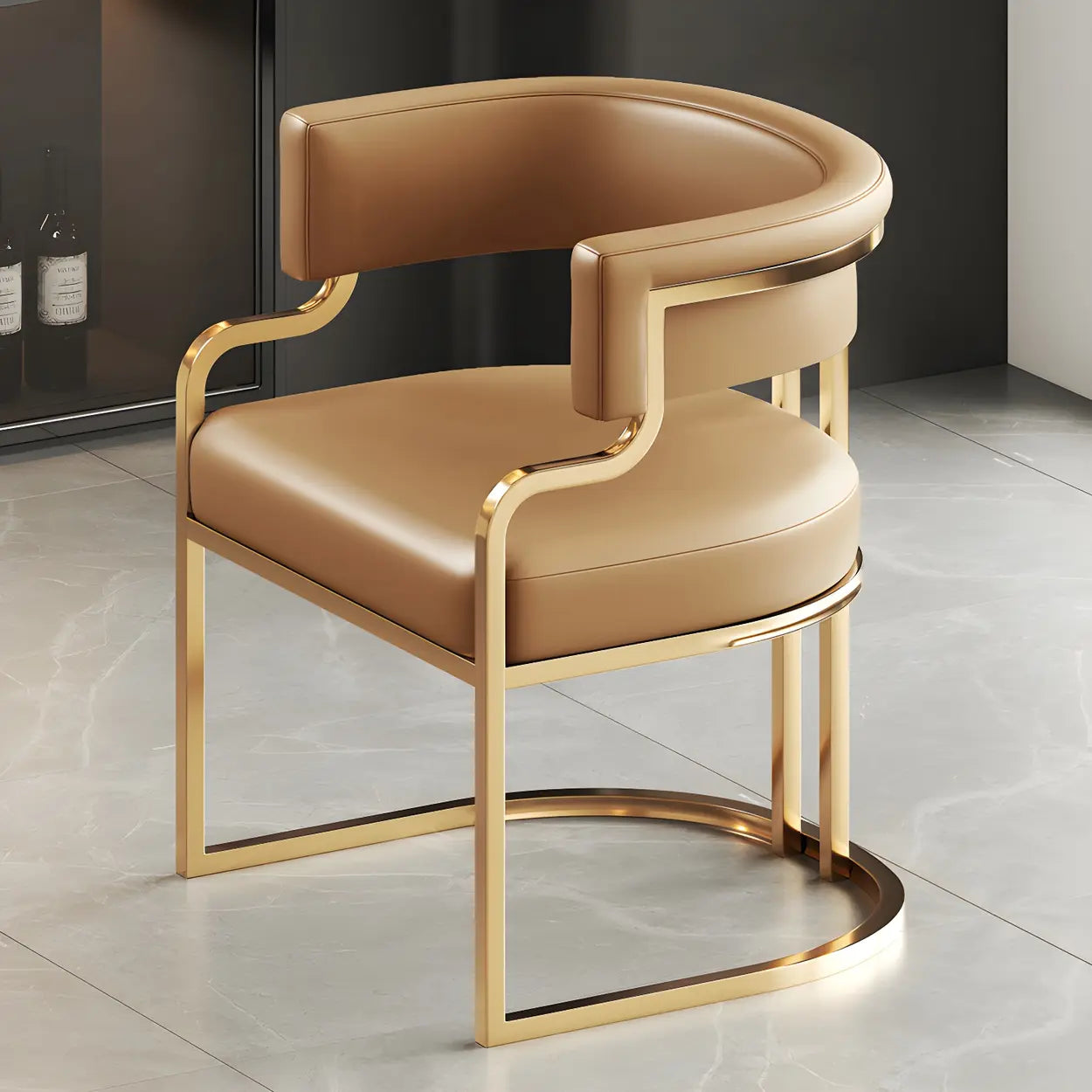 Glam Faux Leather Upholstered Arm Chair — Light Brown/ Khaki / 1 Piece