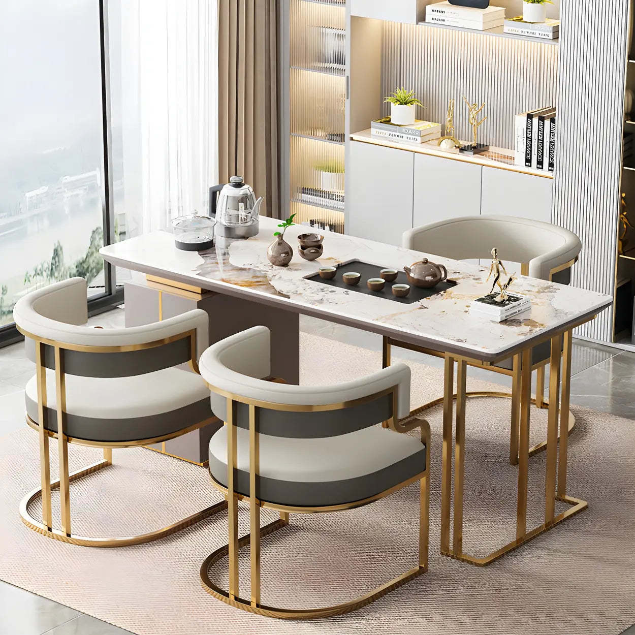 Glam Faux Leather Upholstered Arm Chair — Light Brown / 8 Piece Set