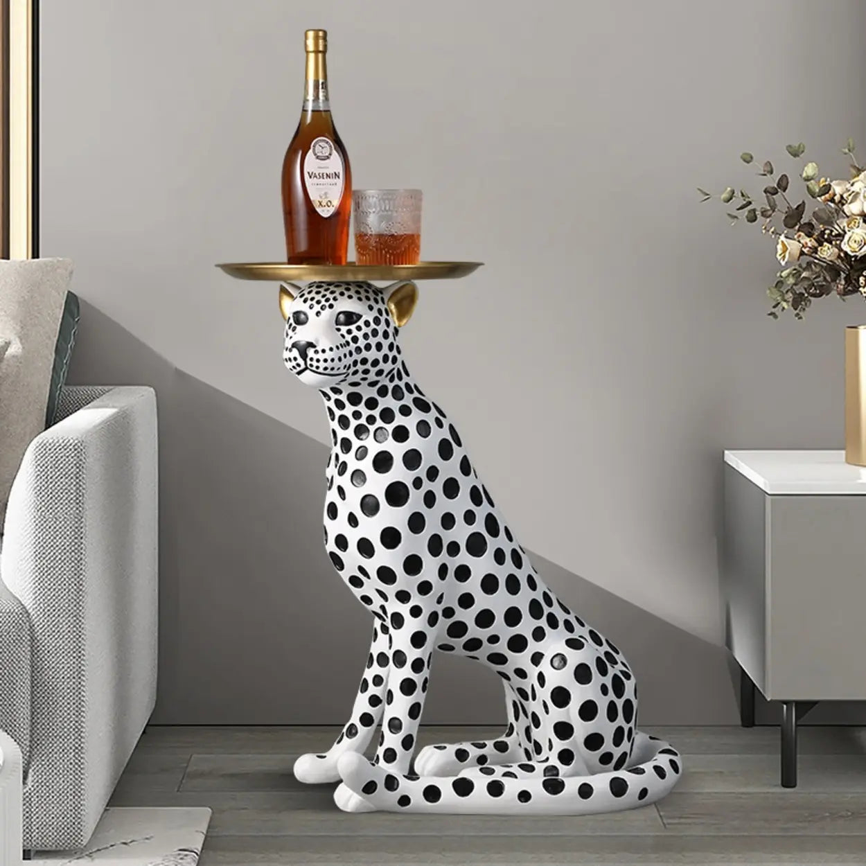 Glam Panther Sculpture Resin Gold Side Table — White