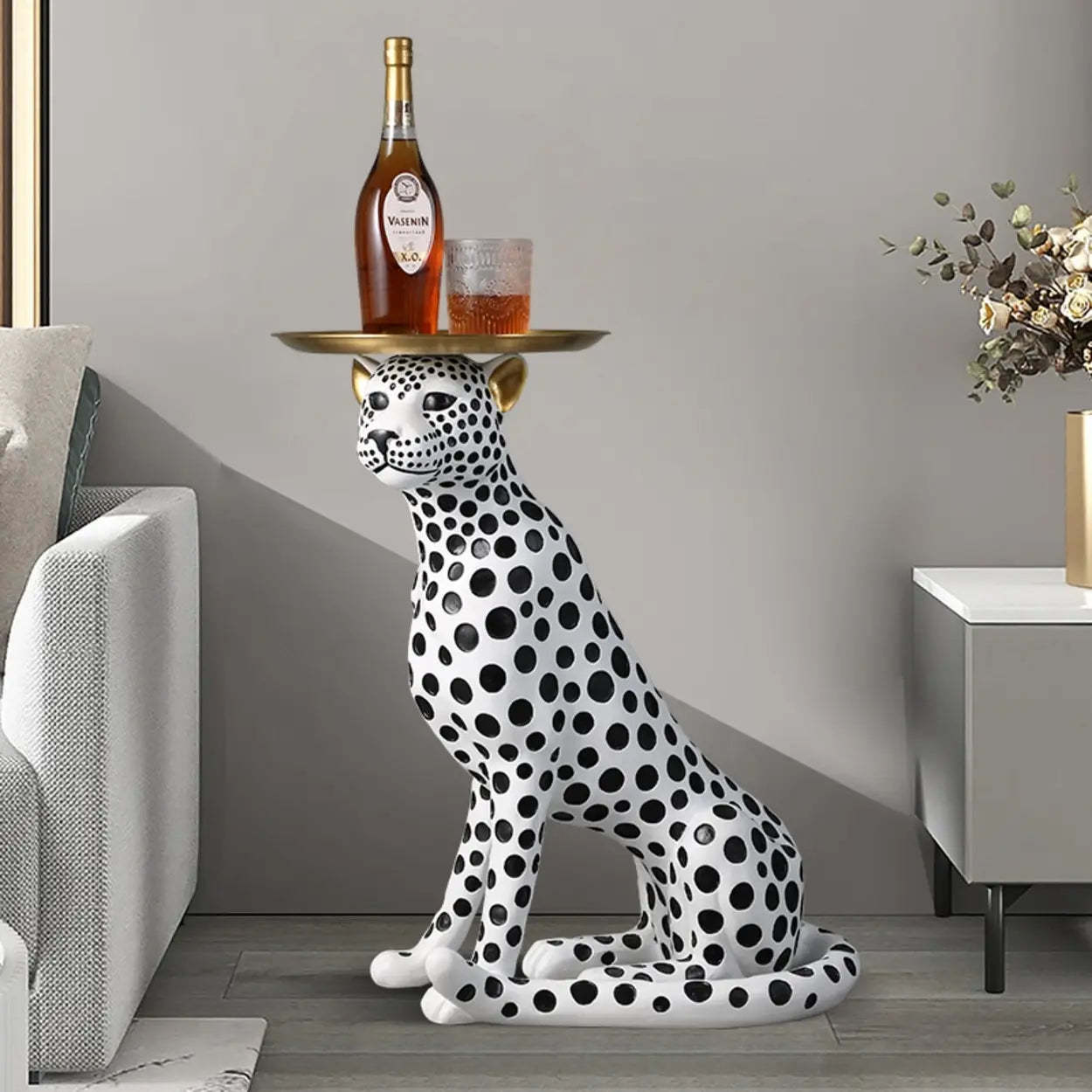 Glam Panther Sculpture Resin Gold Side Table — White