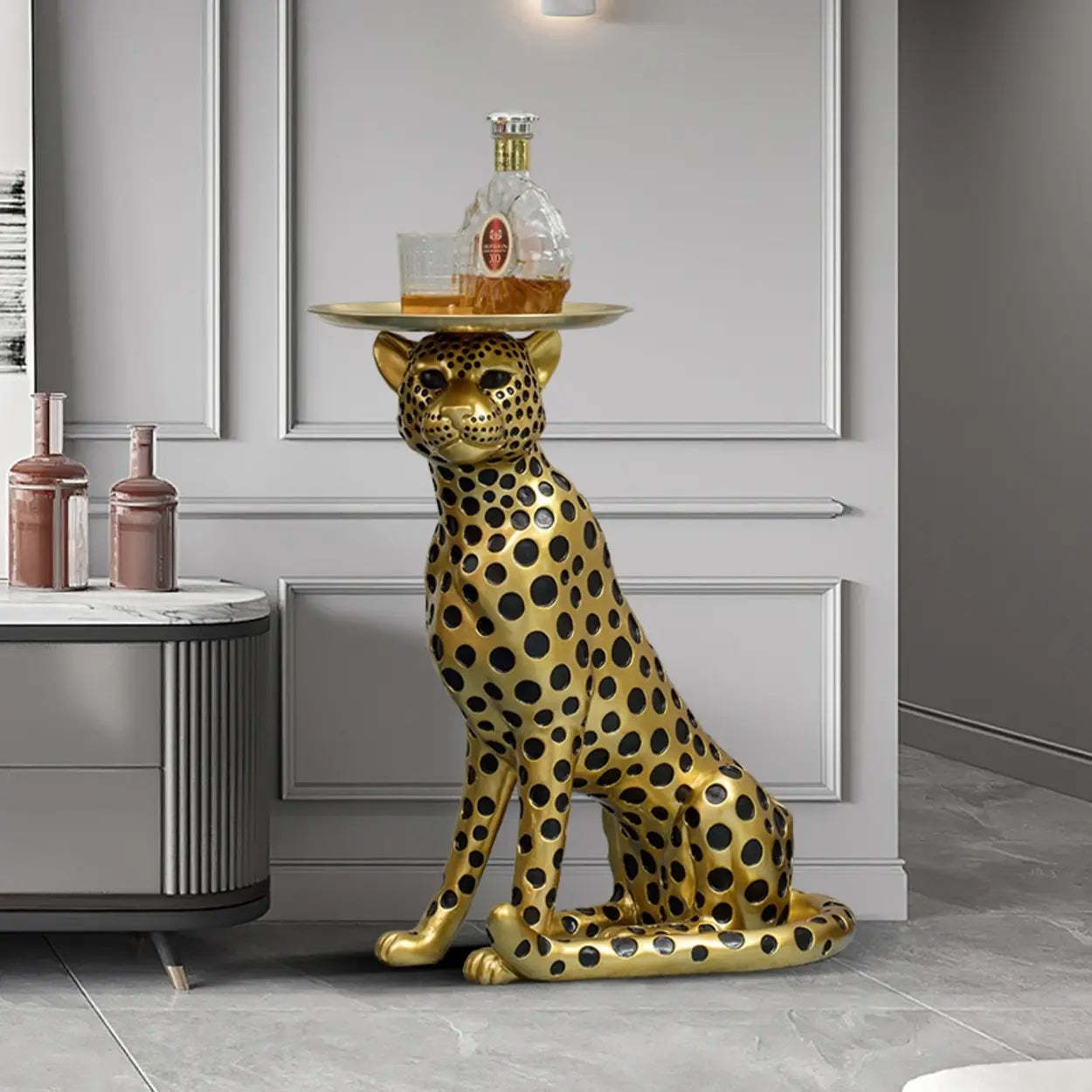 Glam Panther Sculpture Resin Gold Side Table