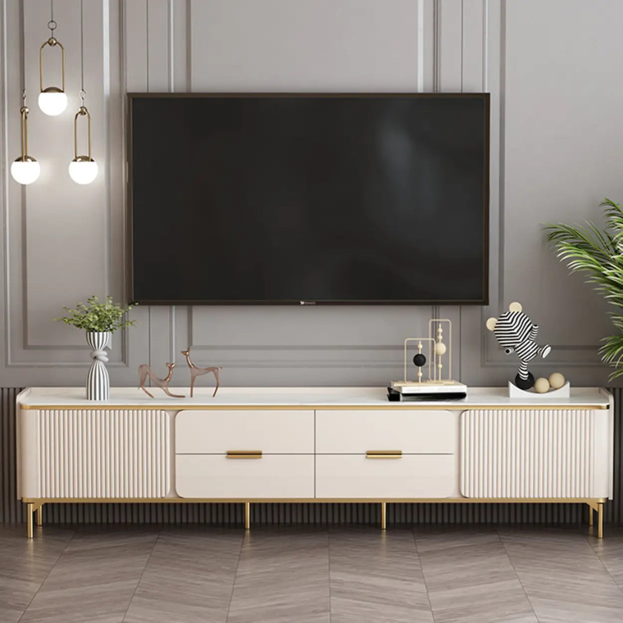 Glam Rectangular Stone TV Stand with Drawers and Shelves
