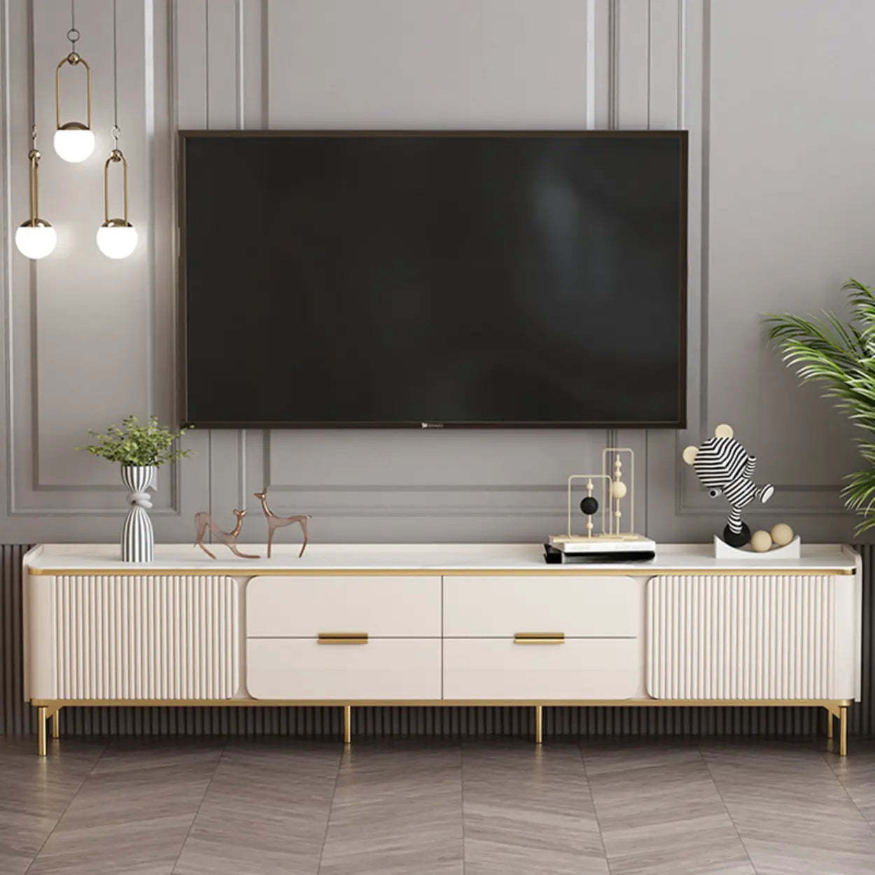 Glam Rectangular Stone TV Stand with Drawers and Shelves