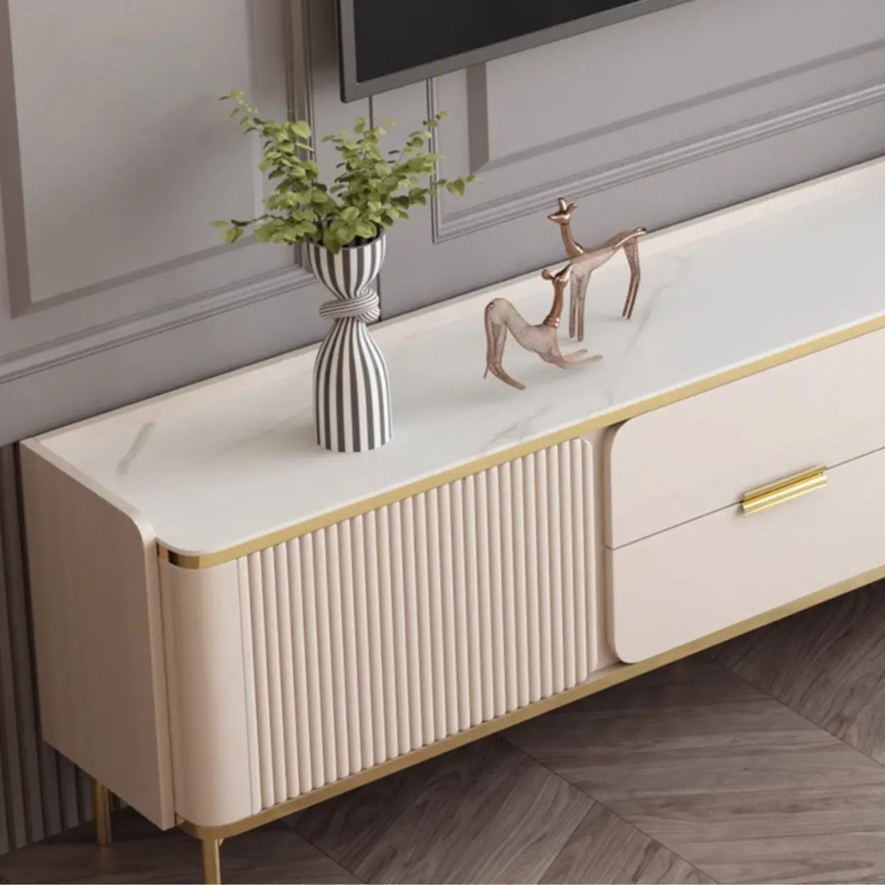 Glam Rectangular Stone TV Stand with Drawers and Shelves