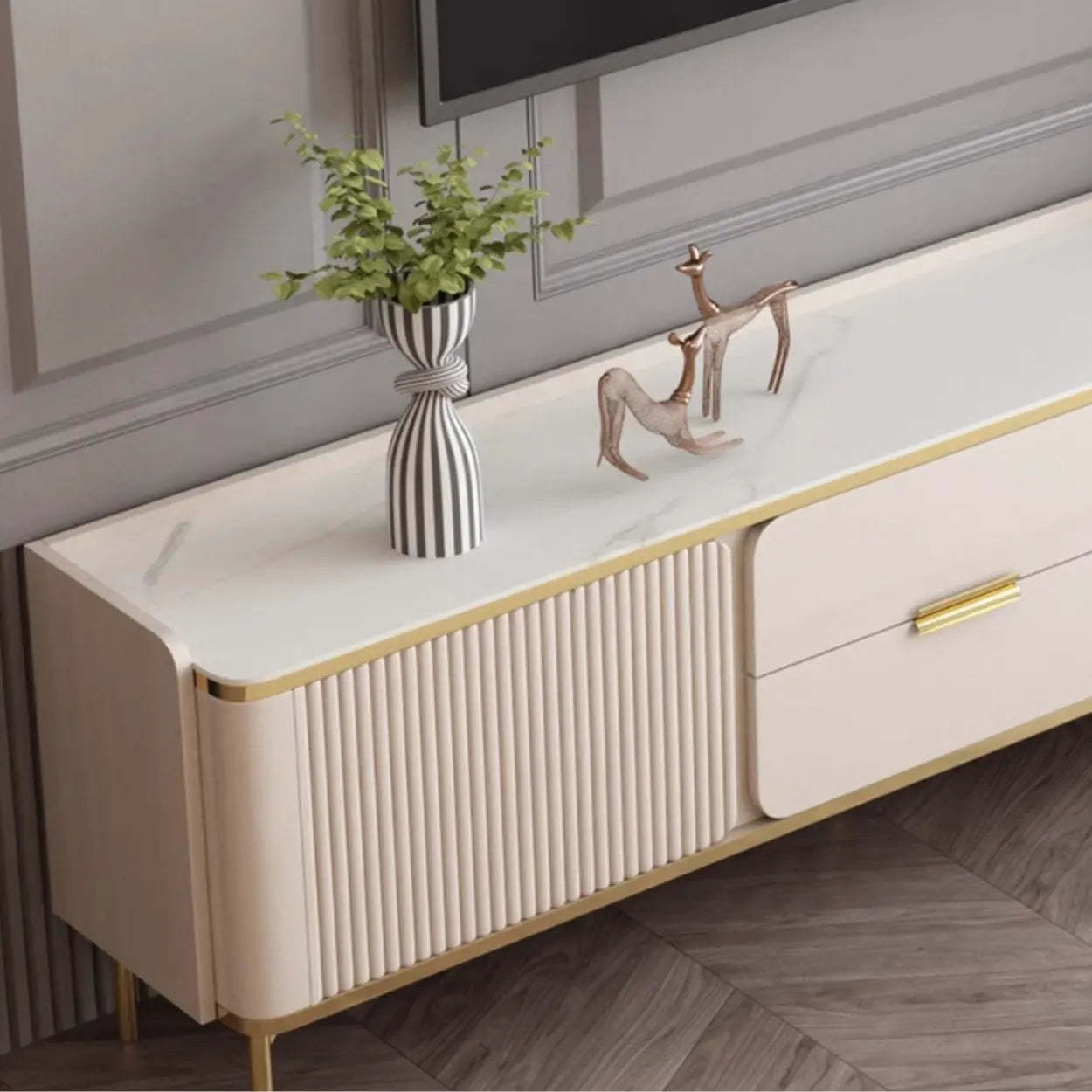 Glam Rectangular Stone TV Stand with Drawers and Shelves