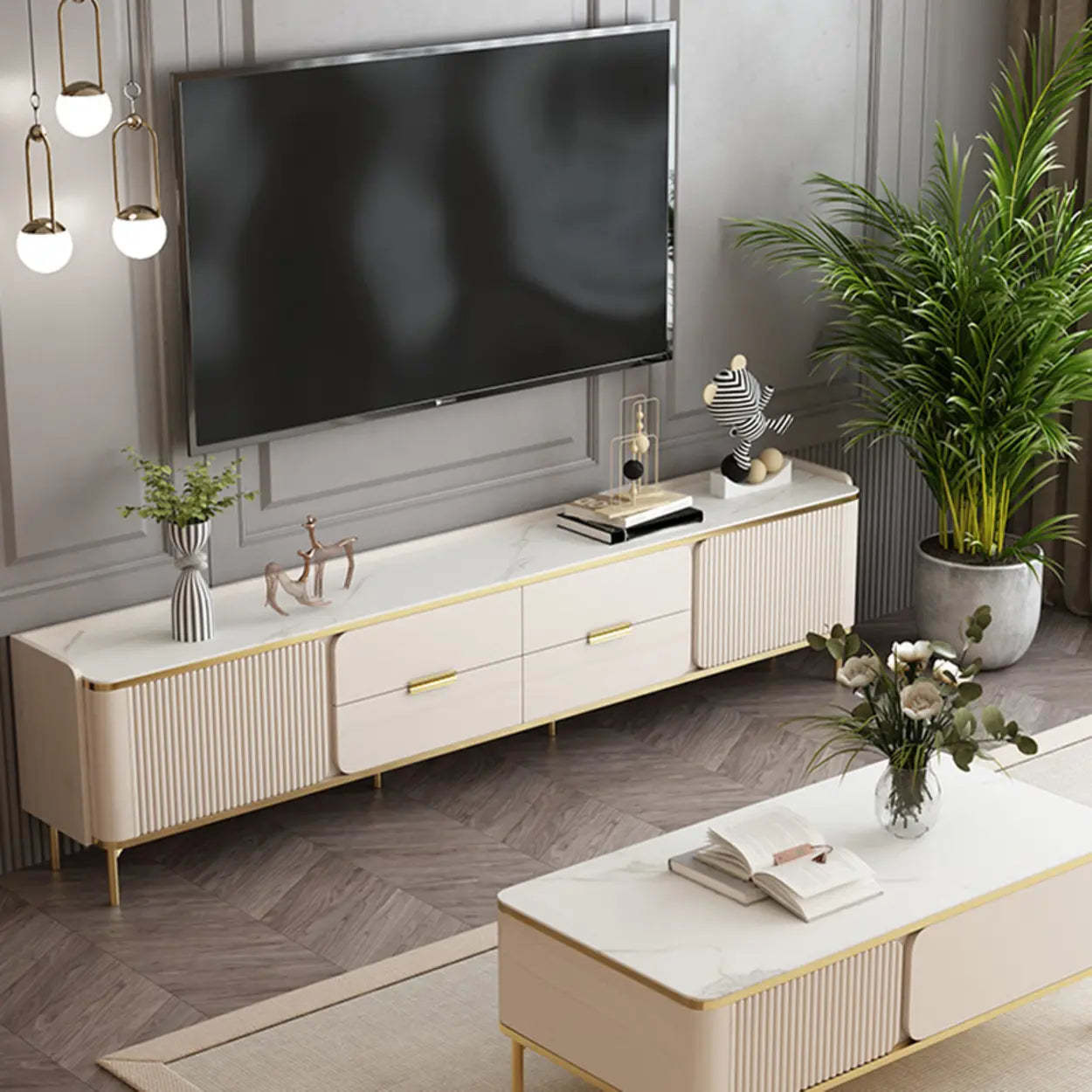 Glam Rectangular Stone TV Stand with Drawers and Shelves