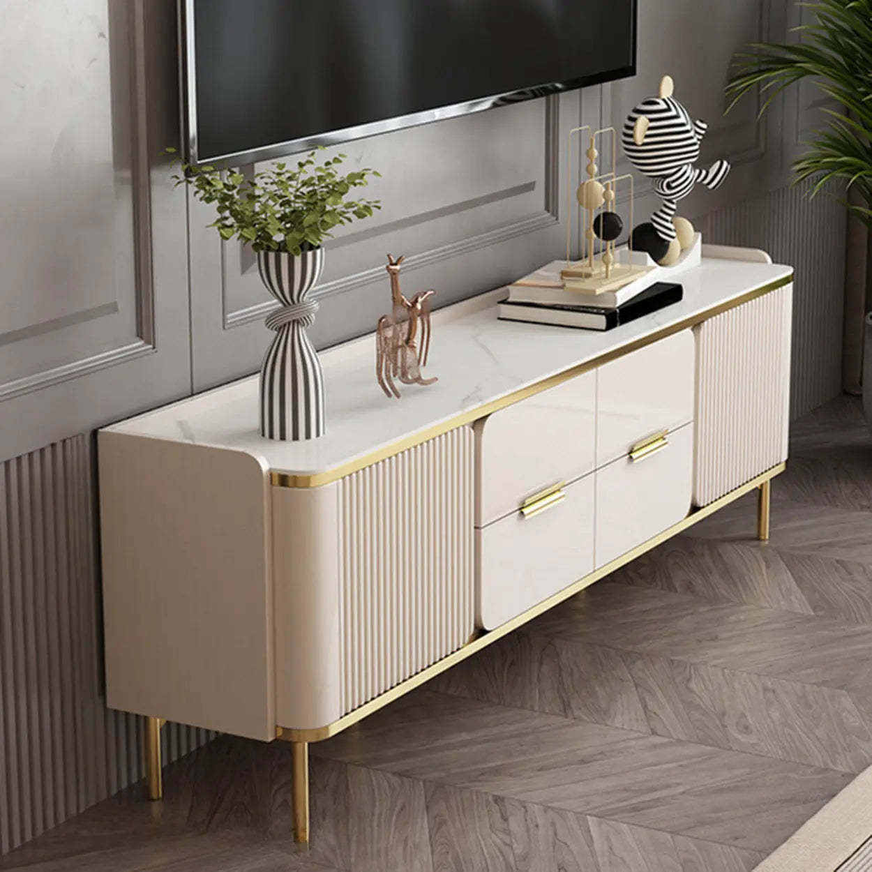 Glam Rectangular Stone TV Stand with Drawers and Shelves