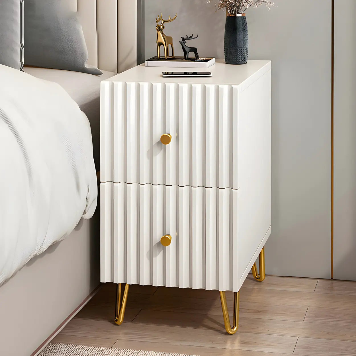 Glam Rectangular White Wood Nightstand with Storage Drawers — 1 Piece